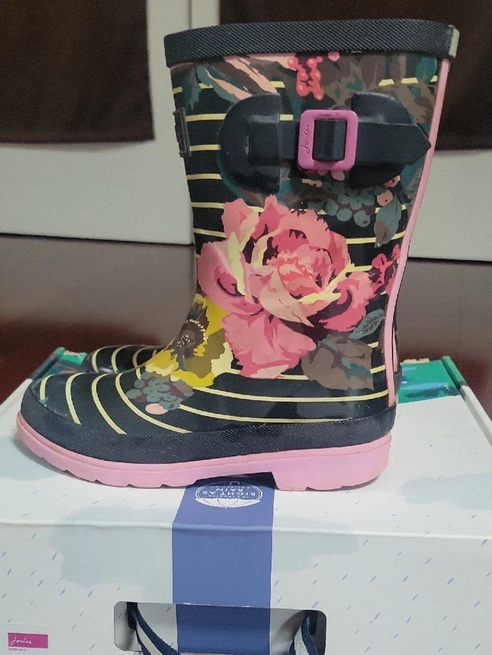 Joules Welly Print Navy Stripe + Floral Rain Boots